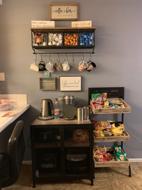 Coffee Bar Station Small Spaces Office, Snack Table Office, Coffee Bar In Office Small Spaces, Office Hospitality Station, Snack Bar Table Ideas, Coffee Bar Ideas For Work Office, Snack Bar In Kitchen, Coffee Bar Ideas For Classroom, Coffee Bar Ideas Office Tea Station