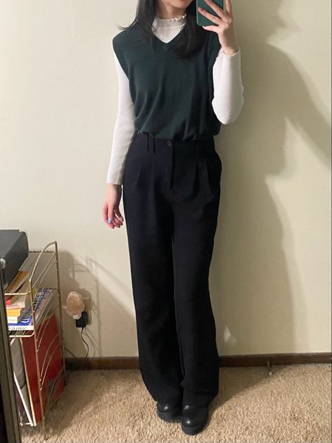 Business Casual Sweater Vest Outfit, Office Outfits 2023 Winter, How To Style Dress Pants Business Casual, Sweater Vest And Trousers Outfit, Sweater Vest Business Outfit, Slacks With Sweater Outfit, Sixth Form Outfits Smart Trousers, Office Event Outfits Women, Sweater Vest Business Casual