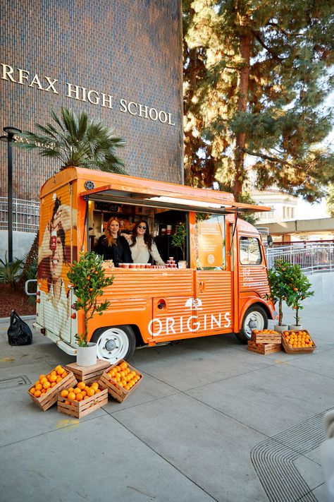 Origins 'GinZing' Product Sampling Pop-Up Truck | FTP Potato Food Truck, Trendy Food Trucks, Foodtrucks Ideas Food, Food Truck Social Media Marketing, Produce Truck, Food Truck Mockup, Best Drugstore Tinted Moisturizer, Futuristic Food Truck, Product Sampling