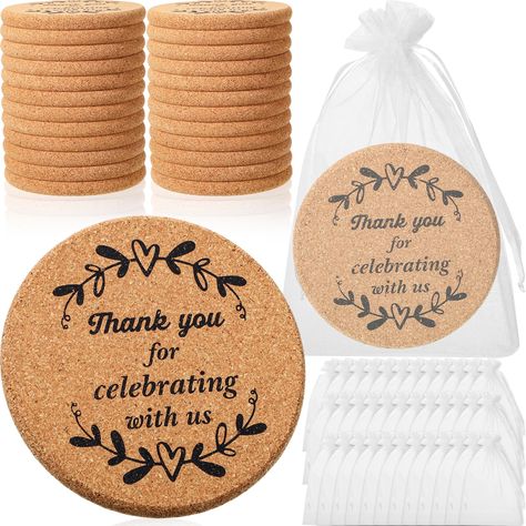 PRICES MAY VARY. Complete Set: this package includes 36 cork coasters and 36 organza bags, providing a sufficient quantity for the wedding or event; The complete set ensures that guests have a coaster to use, and the organza bags provide an elegant way to present the favors as gifts; The cork coasters are also printed with words "Thank you for celebrating with us" making them ideal for showing your appreciation Proper Size: the cork coasters for drinks are about 4 x 4 inches in size and 2/5 inch Easy Wedding Party Favors, Wedding Trinkets For Guests, Souvenirs For Wedding, Fun Wedding Favors, Fall Party Favors, Cheap Wedding Favors, Wedding Coasters Favors, Birthday Souvenir, Wedding Thank You Gifts