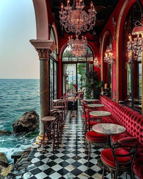 AI.461 "Crepúsculo Carmesí | A Magical Seaside Restaurant Escape in San Sebastián" by @_prspctivs © 2023-2024 Harshdeep Arora… | Instagram Restaurants Aesthetic, Venue Aesthetic, Magic Village, Aesthetic Restaurant, Seaside Restaurant, Spanish Restaurant, Kings Of Leon, Mysterious Places, Outdoor Restaurant