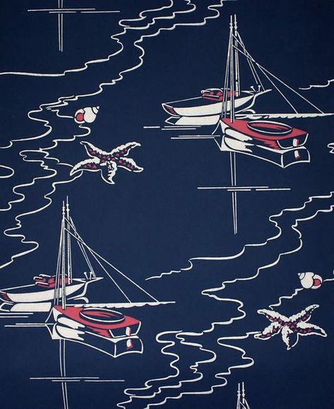 50s Wallpaper, Wallpaper Mid Century, 1950s Decor, Marketing Colors, Mid Century Wallpaper, Boat Illustration, Nautical Prints, Boat Wallpaper, Modern Style Furniture