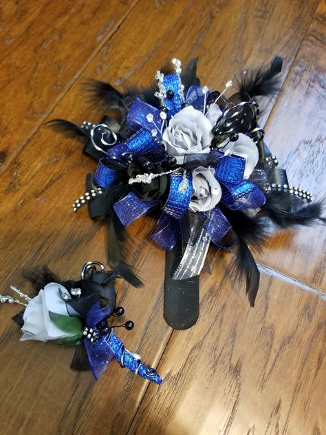 Blue And Black Corsage Prom, Royal Blue And Black Prom Flowers, Royal Blue And Black Corsage And Boutonniere, Royal Blue And Black Corsage, Royal Blue Corsage And Boutonniere, Dance Corsage, Prom Corsage Blue, Diy Corsages, Prom Corsage Diy