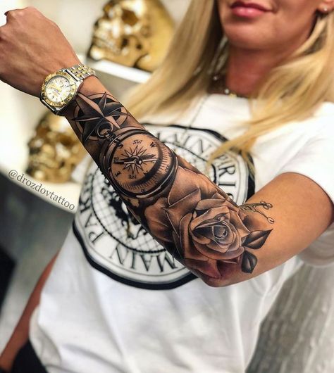 Tato Jam, Clock And Rose Tattoo, Tato 3d, Arm Sleeve Tattoos For Women, Forarm Tattoos, Tattoos For Women Half Sleeve, Forearm Sleeve Tattoos, Cool Forearm Tattoos, Inspiration Tattoos