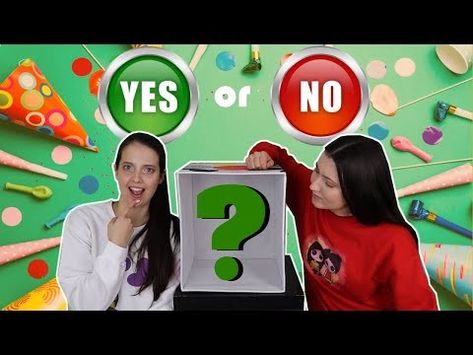 YouTube thumbnail, yes or no in bold. Girls next to the box, surprised and curious look. Box is empty with a question mark in it. Yes Or No Tiktok, Youtube Challenges Ideas, Youtube Challenges, Thumbnails For Youtube, Youtube Vedio, Family Friendly Games, Box Challenge, Tiktok Challenge, Vlog Youtube