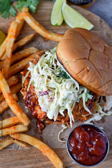 Slow Cooker BBQ Chicken Sandwich Recipe - Butter Your Biscuit Chipotle Slaw, Bbq Chicken Sandwich Recipes, Bbq Chicken Recipe, Braised Chicken Breast, Chicken Sandwich Recipe, Pulled Chicken Sandwiches, Shredded Bbq Chicken, Recipe Slow Cooker, Bbq Chicken Sandwich