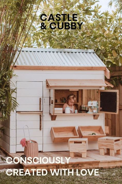 For little kids with BIG imaginations. Our modular design enables a large range of sizes, layouts, and styles. DIY, or we offer a full delivery & build service. Cubby House Ideas, Kids Cubby Houses, Kids Cubbies, Wooden Cubby, Kids Play Spaces, Cubby House, Cubby Houses, Jon Jon, Mud Kitchen