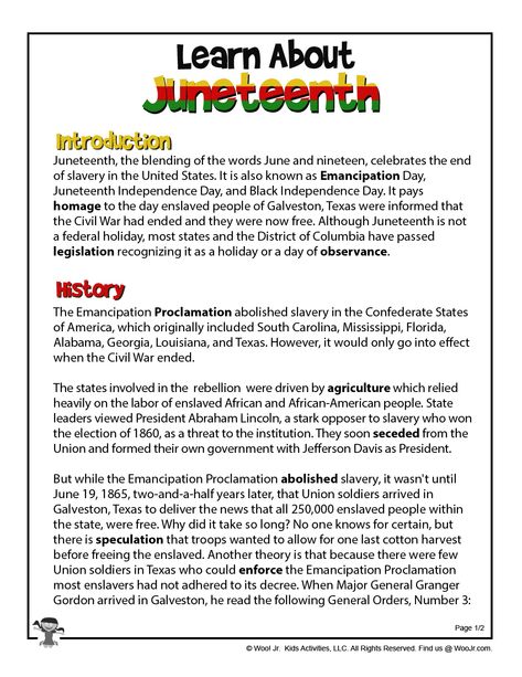 Juneteenth History Printable Part 1 | Woo! Jr. Kids Activities Juneteenth For Preschool, June Teenth Celebration Ideas, Juneteenth Lesson For Kids, How To Celebrate Juneteenth, Juneteenth Worksheets For Kids, Juneteenth Activities For Toddlers, Juneteenth For Kids, Juneteenth Preschool Activities, Juneteenth Celebration Ideas For Kids