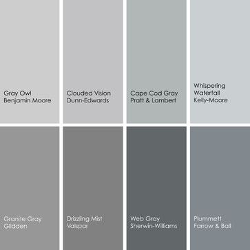 1. Gray Owl 2137-60, Benjamin Moore 2. Clouded Vision DE6380, Dunn-Edwards 3. Cape Cod Gray 28-24, Pratt & Lambert 4. Whispering Waterfall KM3849-1, Kelly-Moore Paints 5. Plummett 272, Farrow & Ball 6. Web Gray SW7075, Sherwin-Williams 7. Drizzling Mist 4006-1C, Valspar 8. Granite Gray A2005, Glidden Kelly Moore Paint, Pittsburgh Paint, Gray Paint Colors, Gray Paint, Grey Paint, Grey Paint Colors, Remodel Bedroom, Basement Remodeling, Mellow Yellow