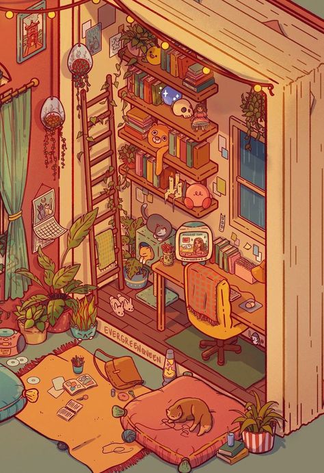 Drawing Bedroom Aesthetic, Draw Room Ideas, Cute Room Illustration, Cat House Illustration, Aesthetic Lofi Art Wallpaper, Cozy Art Wallpaper, Isometric Art Wallpaper, Bedroom Illustration Aesthetic, Drawings Of Rooms