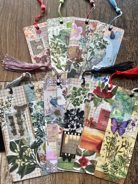 "Each bookmark we create is personalized and one of a kind! We make aesthetic bookmarks (6\"x2\" in size with a tassel attached to the top) based on colors, vibes, themes, etc. Pictured above are some examples of bookmarks we have already created. These bookmarks make great gifts for friends, family, bridal parties/bachelorette events, or any readers in your life. Please leave a message if you have any questions!" Collage Bookmarks, Bookmark Crochet Tutorial, Inspirational Bookmarks, Aesthetic Bookmarks, Aesthetic Bookmark, Handmade Christmas Presents, Bookmark With Tassel, Bookmark Handmade, Reading Accessories