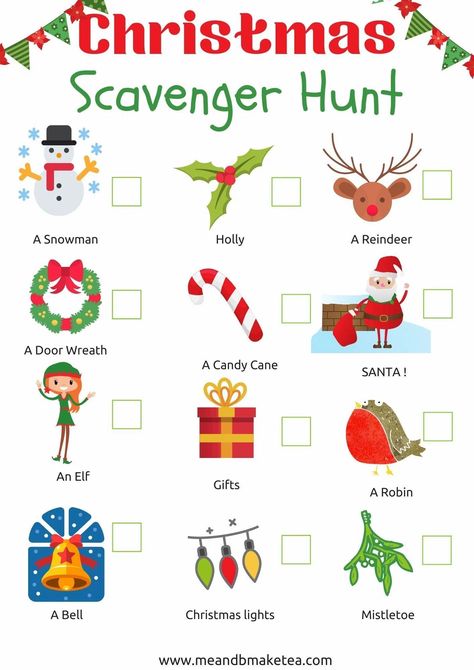 Christmas treasure hunt and scavenger hunt for family social distancing activities this holiday time Christmas Treasure Hunt, Treasure Hunt For Kids, Scavenger Hunt Printable, Christmas Scavenger Hunt, Elves Gift, Make Tea, Christmas Post, Christmas Printable, Christmas Decorations For The Home