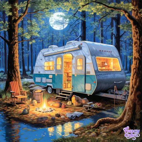 See my new artwork at Fancy Color !! Antler Art Drawing, Vintage Camper Art, Camping Pics, Camping Scene, Camper Art, Old School Bus, Drawing Competition, House Cartoon, Barn Painting