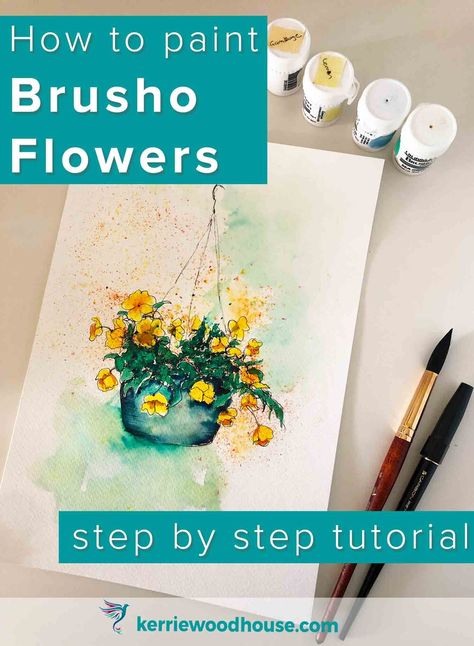 Want to learn how to paint Brusho flowers? Follow along in this step by step watercolour tutorial #brusho #flowerpainting #howtopaintpansies #stepbysteppainting Watercolour Painting Using Brusho, Floral Art With Brush Pen, How To Use Watercolour Brush Pens, How To Avoid Brush Strokes When Painting, Cartoon Leaf, Chinese Brush Painting Flowers, Small Sketchbook, Watercolor Supplies, Simple Line Drawings