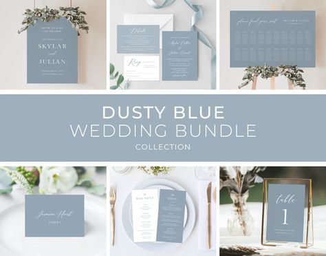 Dusty Blue Wedding Bundle Template, Minimalist Wedding Bundle, Modern Wedding Bundle, Sage Green Wedding Invitation, Menu | INSTANT DOWNLOAD Coastal Wedding Theme, Blue And Sage Green, Blue Table Settings, Minimalist Invitation, Green Invitations, Blue Wedding Inspiration, Dusty Blue Wedding, Green Cocktail, Blue Themed Wedding