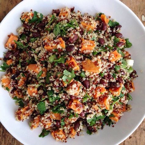 Sweet Potato and Black Bean Quinoa Salad.  1 large sweet potato, roasted in the oven, 3 cups cooked quinoa, 1 (15-ounce) can black beans (or 1.5 cups cooked), drained and rinsed 1.5 cups cilantro, finely chopped 4 green onions, chopped fine grain sea salt & black pepper, to taste, For the dressing: 3 tablespoons fresh lime juice (about 1 lime) 2 tablespoons extra virgin olive oil 1 large clove garlic, 1 teaspoon ground cumin, 1 teaspoon pure maple syrup, 1/2 teaspoon fine grain sea salt Roasted Sweet Potato Black Bean Quinoa Salad, Black Bean Quinoa Salad, Bean Quinoa Salad, Sweet Potato And Black Bean, Bean Quinoa, Potato Salad Dressing, Black Bean Quinoa, Sweet Potato Black Beans, Salad Recipes Video