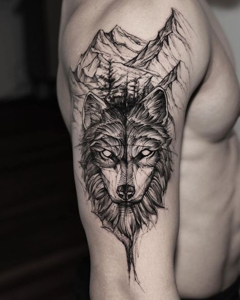 ⛰🐺 Work by @bk_tattooer Wolf Face Tattoo, Fenrir Tattoo, Geometric Wolf Tattoo, Wolf Tattoos Men, Wolf Tattoo Sleeve, Wolf Tattoo Design, Wolf Tattoos, Wolf Tattoo, Viking Tattoos