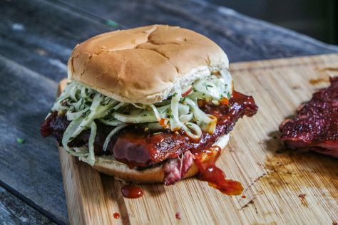 Make this epic Texas Boneless BBQ Pork Rib Sandwich - Jess Pryles Jess Pryles, Cooking Pork Ribs, Boneless Pork Ribs, Fennel Slaw, Rib Sandwich, Rib Sauce, Boneless Ribs, Bbq Pork Ribs, Rib Meat