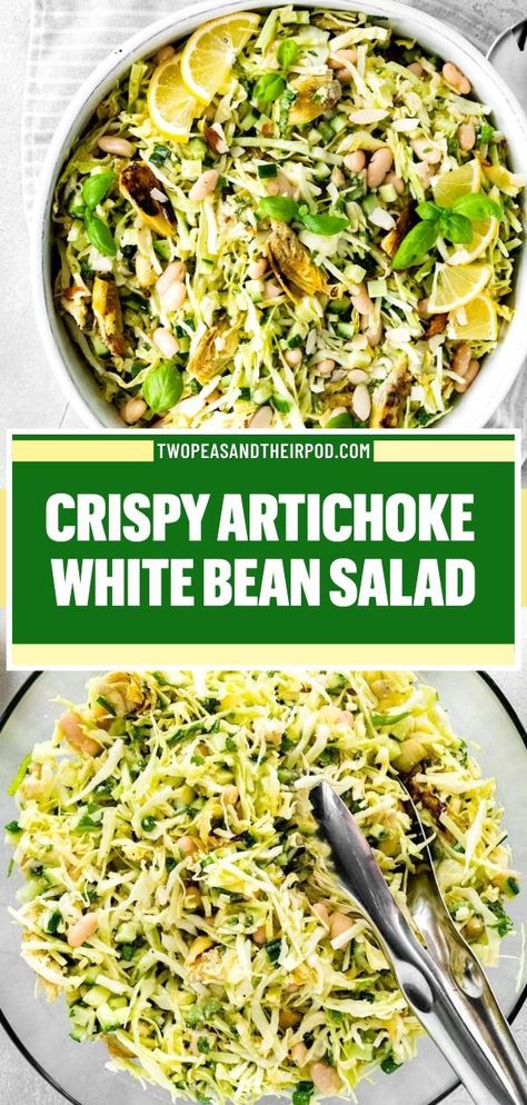 Looking for more delicious side dishes? Try this Crispy Artichoke White Bean Salad! Green cabbage with roasted artichokes, white beans, cheese, cucumbers, and fresh herbs tossed in a simple lemon dressing. It's the best salad idea! Artichoke Salad Recipes, Roasted Artichokes, Artichoke Salad, Roasted Artichoke, White Bean Salad, Beef Stew Crockpot, Bean Salad Recipes, Artichoke Recipes, Croutons Homemade