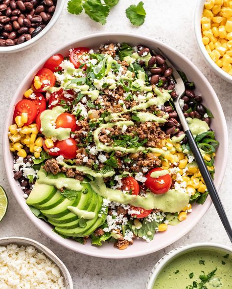 These loaded Ground Beef Taco Salad Bowls are my preferred way to eat lettuce. 😂 They’re hearty and filling and pair perfectly with an ice cold marg. What more could you ask for?!  Feel free to substitute the ground beef with ground chicken or turkey. Just don’t skip on the poblano crema — it adds a cool creamy spice that I just love! FOR THE RECIPE✨comment “recipe please” below and I’ll send it your way!✨ → Extra virgin olive oil → Onion → Ground beef → Kosher salt → Taco seasoning → Canne... Poblano Crema, Beef Taco Salad, Taco Salad Bowls, Ground Beef Taco, Beef Taco, Ground Beef Tacos, Taco Salad, Tacos Beef, Ground Chicken