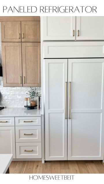 Fridge Between Pantry Cabinets, White Oak Panel Fridge, Fridge And Pantry Wall Built Ins, Fridge Next To Range, Panel Refrigerator Doors, Fridge Flush With Cabinets, Cabinet Refrigerator Built Ins, Built In Fridge Wall, Diy Refrigerator Panels