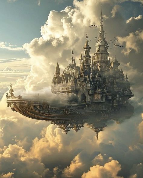 Cyberpunk Castle, Ghost Ship Art, Sky Temple, Cloud Castle, Cloud Giant, Steampunk Ship, Enchanted Castles, Castle Project, Flying Ship