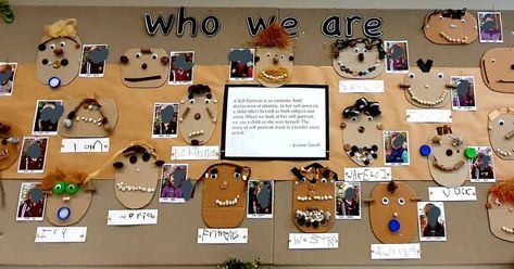 Who we are. Our self portraits this term. From cardboard cutouts and natural and recyclable looseparts. #whoweare #selfportraits #portraits… Self Portrait Loose Parts, Loose Parts Self Portraits, Who We Are Pyp Activities, Play Provocations, Ib Pyp Classroom, Reggio Emilia Preschool, Kindergarten September, Pyp Classroom, Afternoon Activities