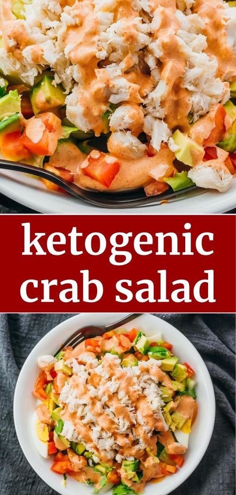 This easy crab salad recipe is versatile and can be adjusted to anyone's taste. I use lettuce, avocado, egg, tomato, and lump crab meat combined with a simple, creamy, and slightly spicy dressing, but you can sub with imitation crab or use other fresh veggies like cucumber. It makes for a healthy lunch or dinner, great for keto, low carb, and gluten free diets. It's best enjoyed cold. Click the pin to find the recipe, nutrition facts, and cooking tips. #lowcarb #keto #seafood #salad Healthy Lump Crab Meat Recipes, Low Carb Seafood Salad, Keto Seafood Salad, Low Calorie Crab Recipes, Salads With Seafood, Imitated Crab Recipes Keto, Canned Lump Crab Recipes, Crab Meat Recipes Keto, Imitatation Crab Recipe Ideas Healthy