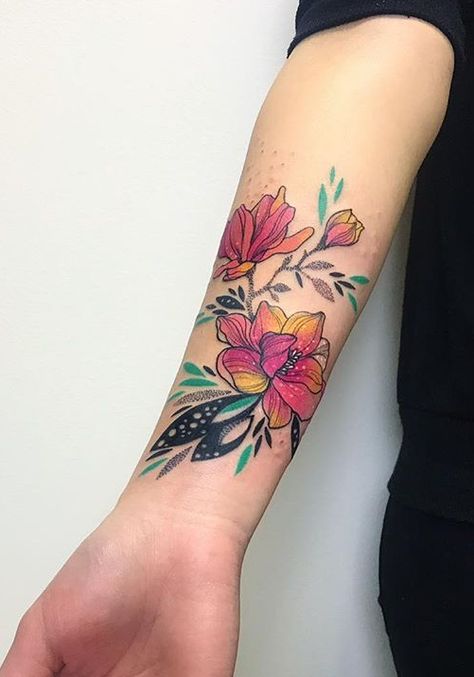 Bright Floral Tattoo, Colorful Forearm Tattoo, Bright Flower Tattoos, Abstract Flower Tattoos, Floral Watercolor Tattoo, Wrap Around Wrist Tattoos, Floral Arm Tattoo, Tattooed Man, Shoulder Sleeve Tattoos