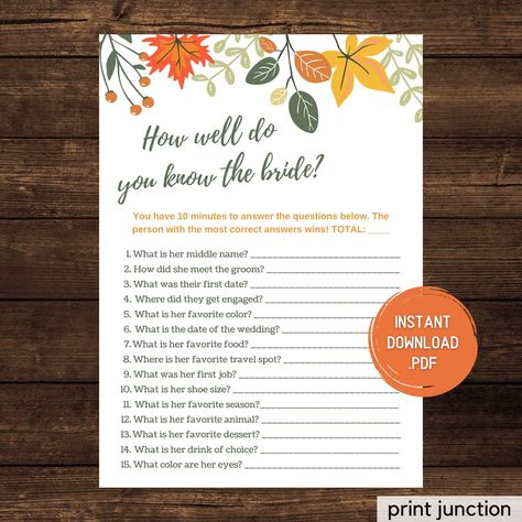 How Well Do You Know The Bride - Fall Bridal Shower Games Printables - Autumn Bridal Shower Game - Instant Download - Fall Wedding Shower Autumn Bridal Shower, Who Knows The Bride Best, Bridal Shower Table Decorations, Reveal Party Games, Classroom Halloween Party, Gender Reveal Party Games, Autumn Bridal, Spring Bridal Shower, Bridal Shower Tables