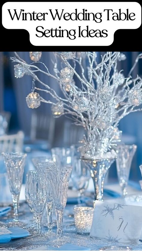 Elegant winter wedding table setting with silver tableware, icy blue linens, and crystal centerpieces. Snow White Flowers Centerpiece, Nightmare Before Christmas Wedding Theme Wedding Table Decor, Blue And Silver Table Centerpieces, Royal Blue Silver And White Wedding Centerpieces Table Decorations, Snowy Centerpieces, Winter Wedding Table Settings, Winter Wonderland Theme Decorations, Winter Wedding Tablescapes, Nightmare Before Christmas Wedding Theme