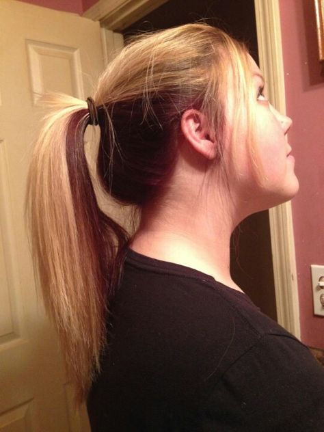 what i need to redo just red on top blonde on bottom Blonde Panels In Hair, Blonde Highlights On Top Dark Underneath, Purple Highlights Blonde Hair, Hair Couler, Pretty Ponytails, Underlights Hair, Underneath Hair, Long Hair Ponytail, Hair Color Underneath