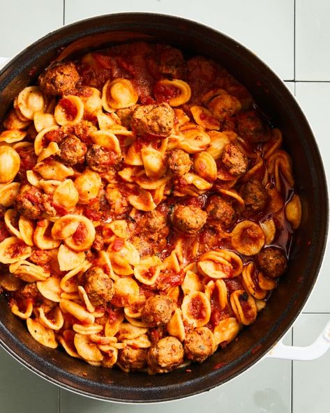 Orecchiette with Mini Meatballs Recipe | The Kitchn Mini Meatballs Recipe, Meatball Dishes, Italian Meatball, Mini Meatballs, Meatball Pasta, How To Peel Tomatoes, Italian Meatballs, Meatballs Recipe, Perfect Pasta