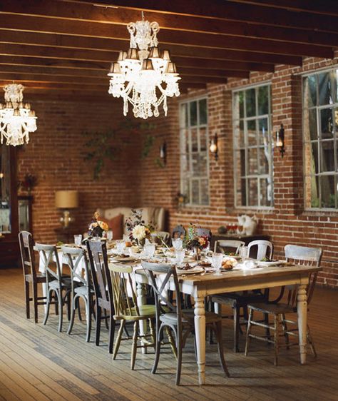 Dining table with mixed matched chairs Farmhouse Dining Room Set, Mix Match Chairs, Mismatched Chairs, Rustic Thanksgiving, Ceremony Seating, The Dining Room, Farmhouse Dining Room, Wood Beams, Design Sponge