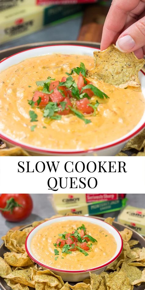 Whether it's a game night or a casual evening with friends, this Slow Cooker Queso is an easy and delicious appetizer that's sure to be a crowd favorite! Slow Cooker Queso Dip, Mexican Cheese Dip Recipes, Slow Cooker Dip Recipes, Slow Cooker Queso, Crock Pot Queso, Slow Cooker Dips, Cheese Dip Mexican, Easy Delicious Appetizers, Small Slow Cooker