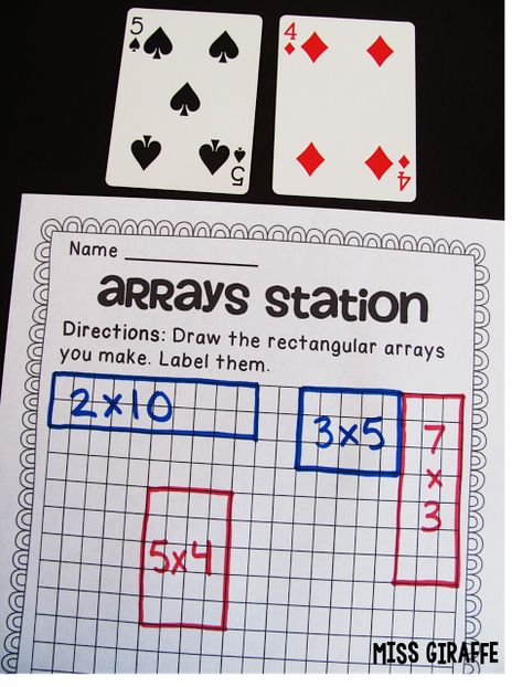 How to Teach Arrays blog post full of ideas - use playing cards to make arrays!! Click for math station instructions Teaching Perimeter, Making Arrays, Teaching Arrays, Multiplication Stations, 2nd Grade Math Centers, Math Station, Repeated Addition, Daily 3, Math Multiplication