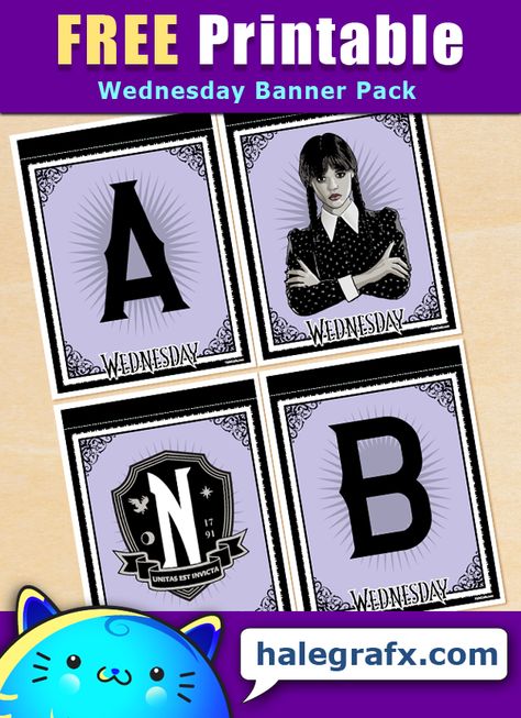 Addams Family Printables, Wednesday Addams Birthday Banner, Wednesday Themed Birthday Party Decorations, Wednesday Addams Halloween Party, Wednesday Addams Free Printable, Wednesday Addams Decor, Halloween Banner Printable Free, Wednesday Party Decor, Wednesday Addams Printable