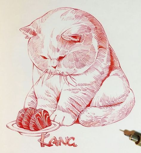 cat ink drawing Kang Meng, Cat Sitting, A Drawing, Cat Memes, A Cat, Memes