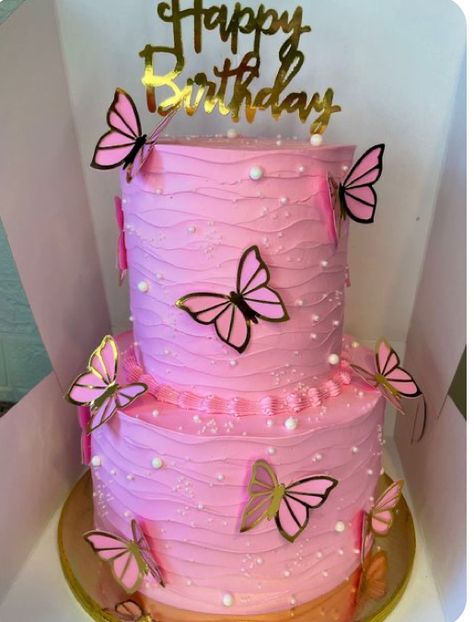 Butterfly Barbie Cake, Pink Birthday Cake Butterflies, One Tier Butterfly Cake, Pink Birthday Cake With Butterflies, Butterfly Cake Ideas Birthdays, Pink Barbie Cake Birthdays, Cake Butterfly Design, Cakes For 11th Birthday Girl, Cake For 11th Birthday Girl