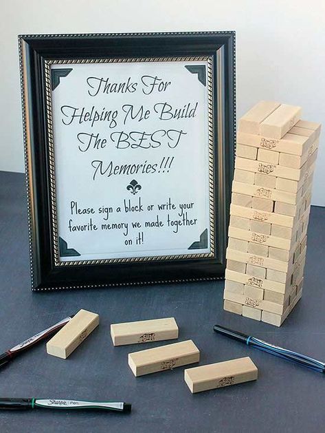 Guest books are a great way to capture well wishes for the graduate, but all too often end up forgotten and collecting dust on a bookshelf. Sarah from Must Have Mom has created a guest "book"that's anything but boring -- have guests leave their favorite memory on a Jenga block! Your grad will have a blast playing while reliving those special moments. Graduation Party Guest Book, Creative Graduation Party Ideas, Unique Graduation Party Ideas, Trunk Party, Senior Graduation Party, Graduation Party High, Graduation Open Houses, Graduation Party Diy, 8th Grade Graduation