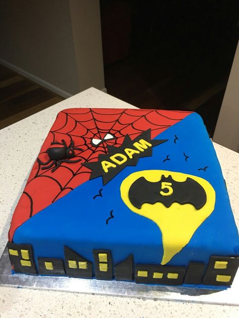 Spiderman and Batman Birthday cake Spider Man And Batman Cake, Batman And Spiderman Cake, Square Birthday Cake, Batman Birthday Cakes, Batman Spiderman, Spiderman Birthday Cake, Twins Cake, Batman Cake, Superhero Birthday Cake