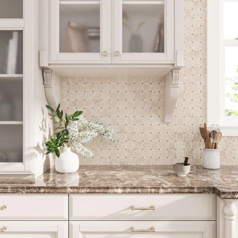 The Best Mosaic Tile Kitchen Styles for Your Home Large Tile Backsplash Kitchen, Brown Marble Tile, Light Brown Marble, Cottagecore Interior Design, Emperador Light, Spanish Floor Tile, Cottagecore Interior, Easy Tile, Beautiful Tile Floor