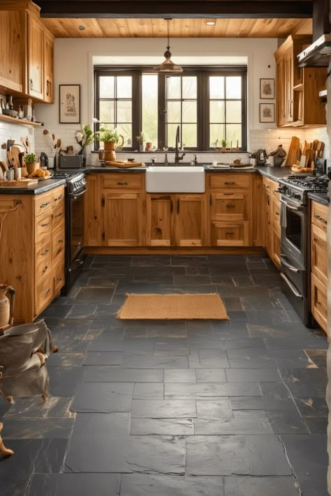 25 Moody Dark Kitchens That Will Amaze You – The Crafty Hacks Moody Countertops, Kitchens With Dark Tile Floors, Dark Tile Floors Kitchen, Kitchen Dark Flooring, Dark Tile Kitchen, Dark Wall Kitchen, Moody Kitchen Butcher Block, Moody Kitchen White Countertops, Dark Stone Kitchen Floor