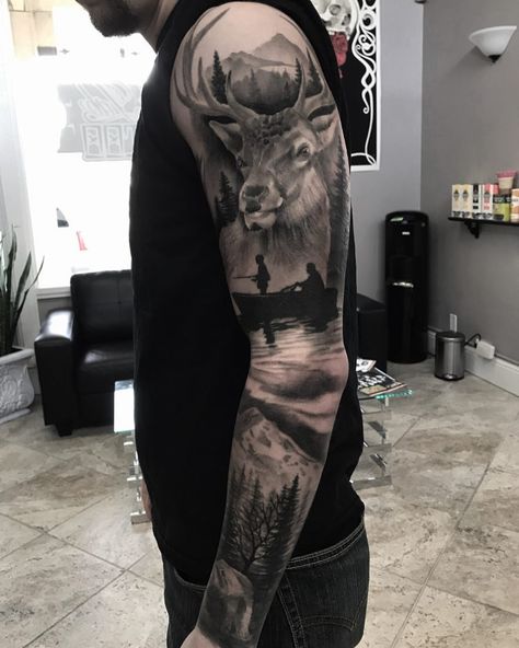 Black and grey realism custom PNW hunting elk fishing father son outdoors camping mountain forest sleeve tattoo, by Aaron Carey Tattoos For Hunters, Wildlife Tattoos For Men, Tattoo Pocket Watch, Deer Hunting Tattoos, Natur Tattoo Arm, Deer Tattoo Designs, Scottish Tattoos, Stag Tattoo, Hirsch Tattoo