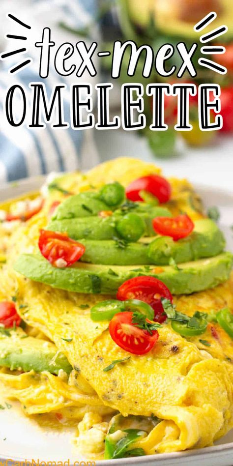 If you are looking for a flavorful low carb omelette to start your day or to make breakfast for dinner you are in luck with this easy Tex-Mex Omelette. Filled with spices, cheese and then topped off with slices of avocado, this easy omelette is perfect. Low Carb Omelette, Vegetable Omelette, Egg Omelette Recipe, Easy Omelette, Omelette Recipes, Ham And Cheese Omelette, Healthy Omelette, Healthiest Breakfast, Omlet Recipes