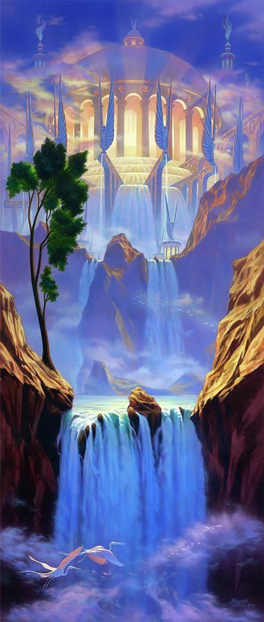 Revelation 22:1 And he showed me a pure river of water of life, clear as crystal, proceeding from the throne of God and the Lamb. Revelation 22, Creation Art, Prophetic Art, Fantasy Places, Visionary Art, 판타지 아트, Christian Art, Fantasy Landscape, Fantasy World