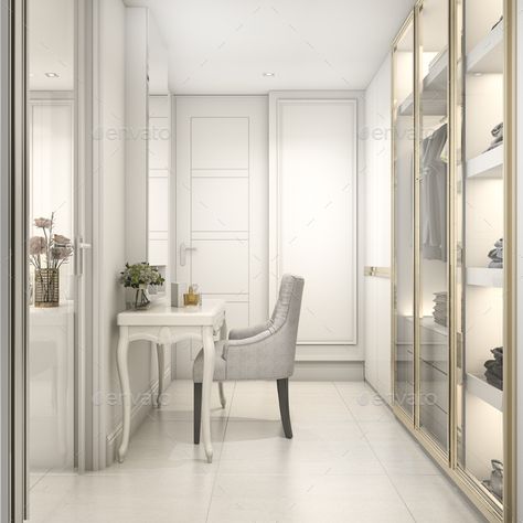 Classic Contemporary Walk In Closet, Neo Classic Walk In Closet, Contemporary Walk In Closet, 3d Rendering Interior, Classic Bedroom Design, Cozy Scandinavian, Rendering Interior, Creative Closets, Organized Closet