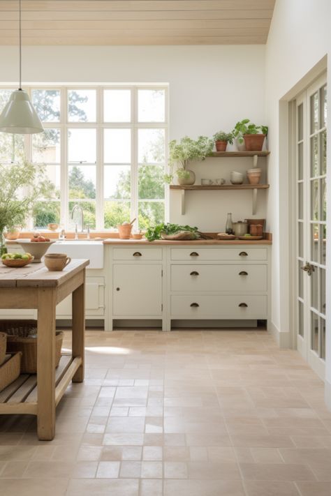 Modern farmhouse kitchen with neutral colors, apron sink, pendant light, large windows and tiled floor Minimal Country Kitchen, Aga Kitchen Modern Country Style, Aga Kitchen Farmhouse, Minimalist Cottagecore Kitchen, Sims Country Kitchen, Farmhouse Kitchen Design, Cottage Interiors, Cottage Kitchen, Cottage Living