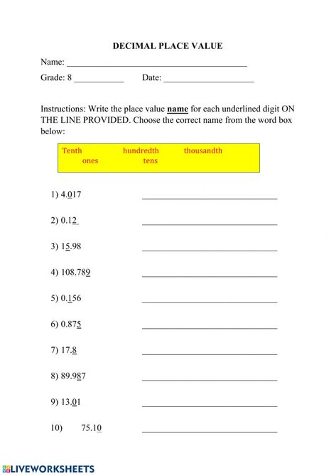 Decimal Fractions, Value Worksheet, Adding Worksheets, Decimal Place Value, Ordering Decimals, Compound Words Worksheets, Rounding Decimals, Place Value With Decimals, Math Decimals