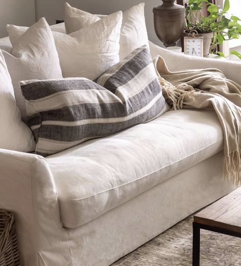 Gray Sofa In Living Room, Linen Couches Living Room, White Linen Sofa Living Room, Living Room 2 Couches, Low Back Couch, Small White Couch, Love Seat Living Room, Small White Sofa, Burke Design